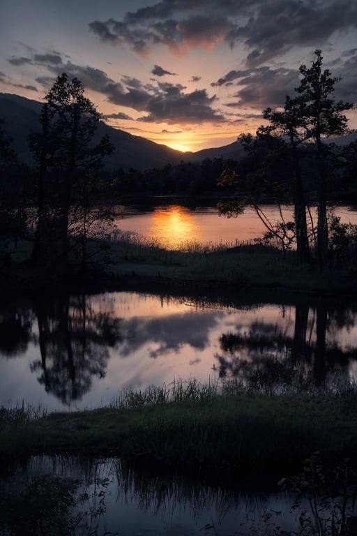 pic of a magnificent sunset over a mountainous landscape, where the high peaks are bathed in a golden light and the sky is painted with soft shades of orange and pink. The clouds extend in dramatic shapes, criando uma cena deslumbrante e serena. No primeiro plano, There is a tranquil lake reflecting the beauty of the sky, while silhouetted trees add a touch of mystery to the landscape. The balanced composition and vastness of nature captured in a convey a sense of calm and wonder at the grandeur of the natural setting. ,prushka