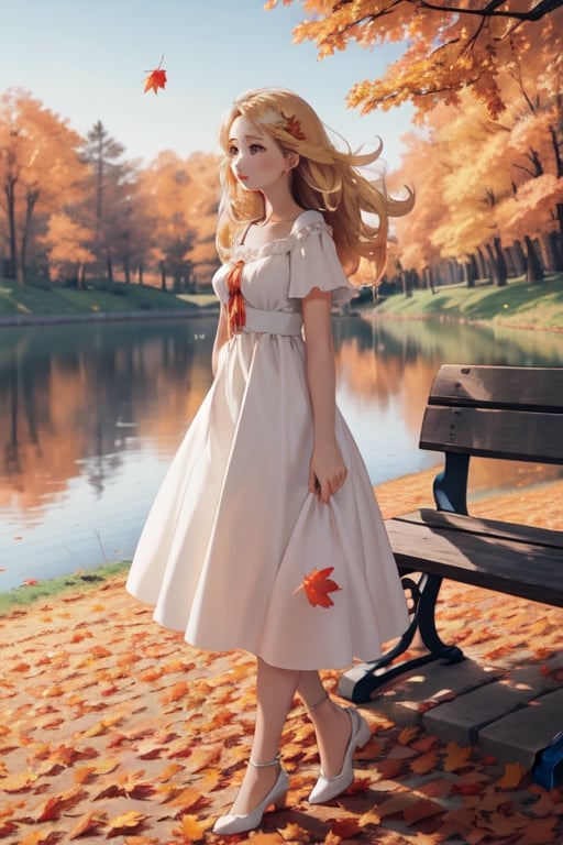 Masterpiece, highest quality, high brightness, 1girl , blonde  hair, long hair, hair ornament, nice dress, cute, masterpiece,, stand next a bench, nice park and lake, autum season, windy, leafs in the ground background,windlift,ruanyi0231