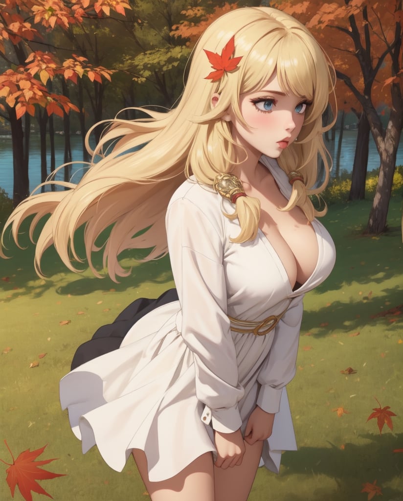 Masterpiece, highest quality, high brightness, 1girl , blonde  hair, long hair, hair ornament, nice dress, cute, masterpiece,, 1girl,solo focus,hetero,1boy,nude,simple background,mature female, deepthroat, nice park and lake, autum season, windy, leafs in the ground background,windlift,facial cum,PRJCUM