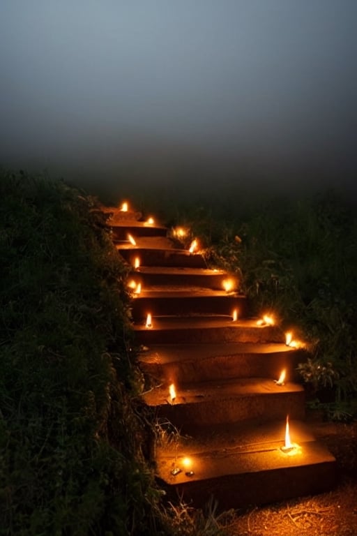 black and white photoreal night shot with lots of fog. Image of a stone staircase with steps slightly lit by candles leading to a gate. Fog, shrubs, leafless branches, gloomy and distressing environment, candlelight
,photorealistic,rfktrfod