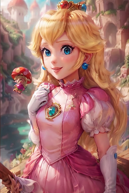 Peach_SMP, , memewaifu, 1girl, solo, dress, heels, mushroom kingdom, castle, smile, masterpiece, highres, detailed foreground, mushroom field, jumping over a bridge,   ,princess_peach,Peach_SMP,hanging