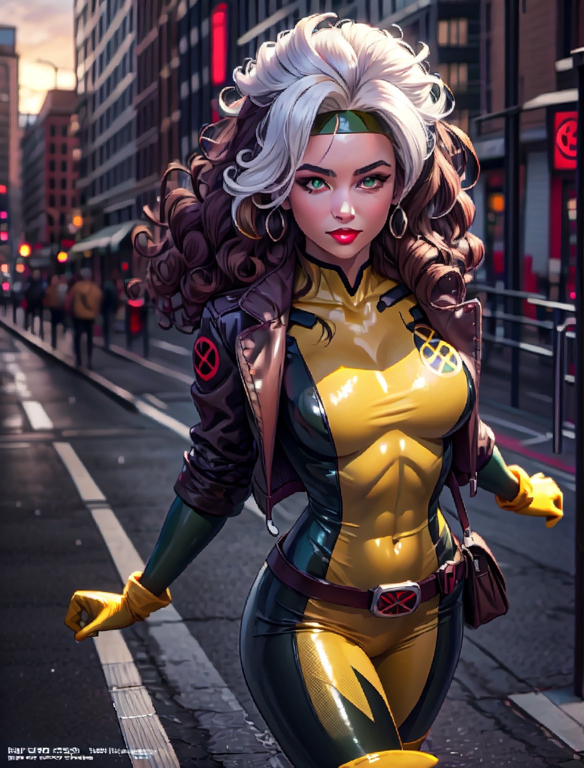 official art,extremely detailed CG unity 8k wallpaper, perfect lighting,Colorful, facial portrait, sexy stare, smirked, fighting stance, top of city, sunset, wind:1.1, long hair,breasts,brown hair,green eyes,lipstick,makeup,lips,white hair,two-tone hair,headband,wavy hair,large breasts,messy hair,curly hair,big_hair, yellow bodysuit,jacket,gloves,belt,yellow gloves,green bodysuit,bodysuit,multicolored bodysuit,superhero, skin tight,multicolored clothes, CARTOON_X_MENs_Rogue