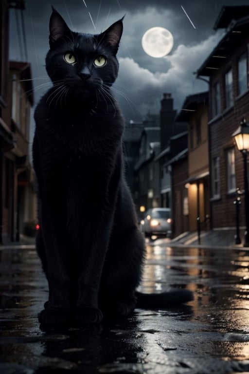 Realistic  close-up shot. a black cat, it is night. Rain-soaked street, dimly lit windows, little light, fog, moon covered by clouds, rain, damp, melancholy, low key black and white photographic
,photorealistic,rfktrfod,zxsmk, Dark_Mediaval