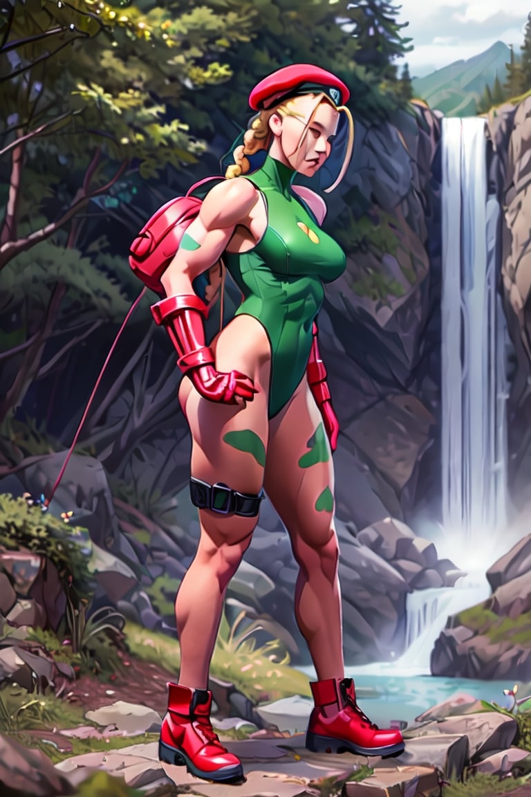 sfr1v, facial portrait, sexy stare, smirked, fighting stance, mountains, birds, trees, waterfall, hodoken,cammy, cammy white,hat,long hair,beret,braid,twin braids,gloves,green leotard,blue eyes,fingerless gloves.scar,highleg leotard,antenna hair,highleg,lips,red gloves,muscular,red headwear,large breasts,camouflage,thick thighs,covered navel,thong leotard,muscular female,abs,scar on face,thigh strap,bare shoulders,bodypaint, sf6,cammy_green_bodysuit_aiwaifu