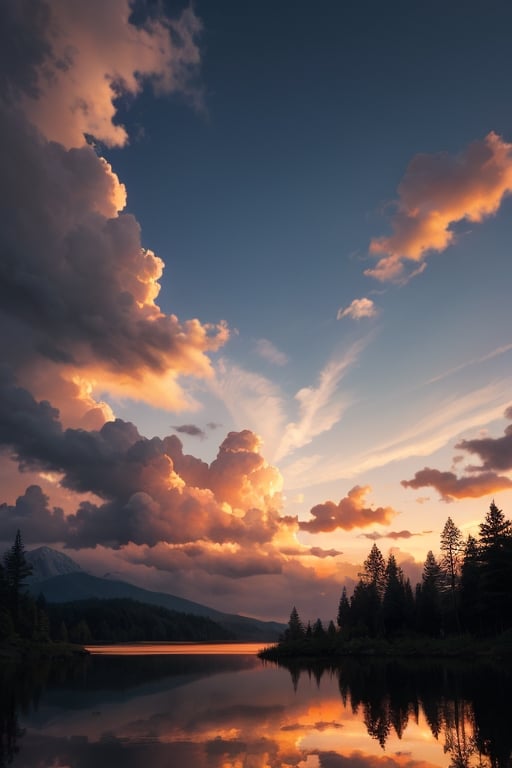 pic of a magnificent sunset over a mountainous landscape, where the high peaks are bathed in a golden light and the sky is painted with soft shades of orange and pink. The clouds extend in dramatic shapes, criando uma cena deslumbrante e serena. No primeiro plano, There is a tranquil lake reflecting the beauty of the sky, while silhouetted trees add a touch of mystery to the landscape. The balanced composition and vastness of nature captured in a convey a sense of calm and wonder at the grandeur of the natural setting. ,prushka