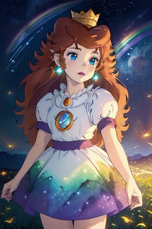 (Masterpiece), (Best Quality), (Official Art, Highly detailed CG unity 8k wallpaper), (Very detailed), (((absurdes)), 1 Girl, Midshot, (exquisite facial features), ((Clean hands)), 1girl, brown hair, long hair, blue eyes, crown, earrings, lipstick dress, puffy short sleeves, Stars in the Snow, Colorful glass, (album cover) expansive landscape photograph, (Up in the sky, Fields below), a girl standing on a flower field looking up, (full moon: 1.2), distant mountains, WOOD BREAK CRAFT ART, (warm light: 1.2), (Fireflies: 1.2), illumination, Lots of purple and orange, intriciate detail, Voluminous lighting, Realism BREAK (Masterpiece (Best Quality), 4k, The ultra-detailliert, (Dynamic composition: 1.4), Very detailed, Colorful Detail, (Rainbow color: 1.2), (Glow Lighting, Atmospheric lighting), Magical,behind a contellation of stars and meteorites,princesstoadstool