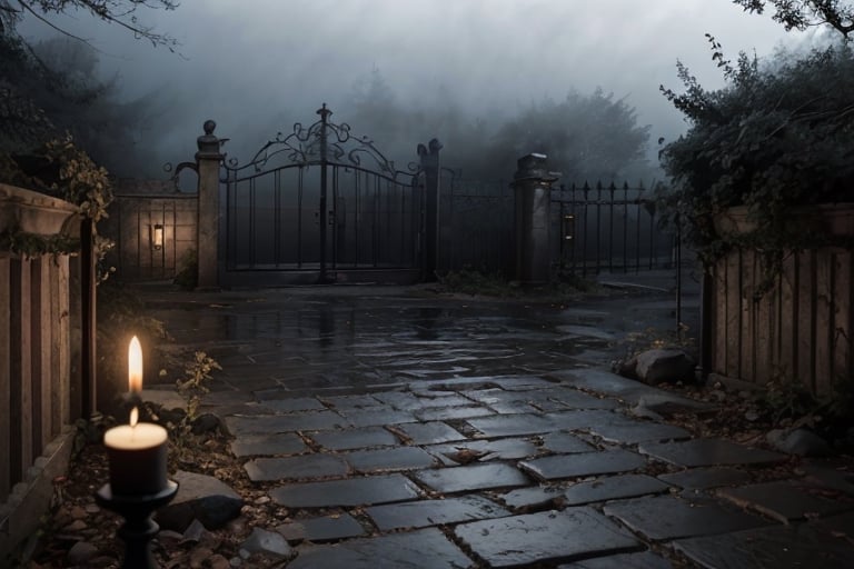 black and white photoreal night shot with lots of fog. Image of a large stone staircase with steps slightly lit by candles leading to a gate. Fog, shrubs, leafless branches, gloomy and distressing environment, candlelight
,photorealistic,rfktrfod,zxsmk, Dark_Mediaval