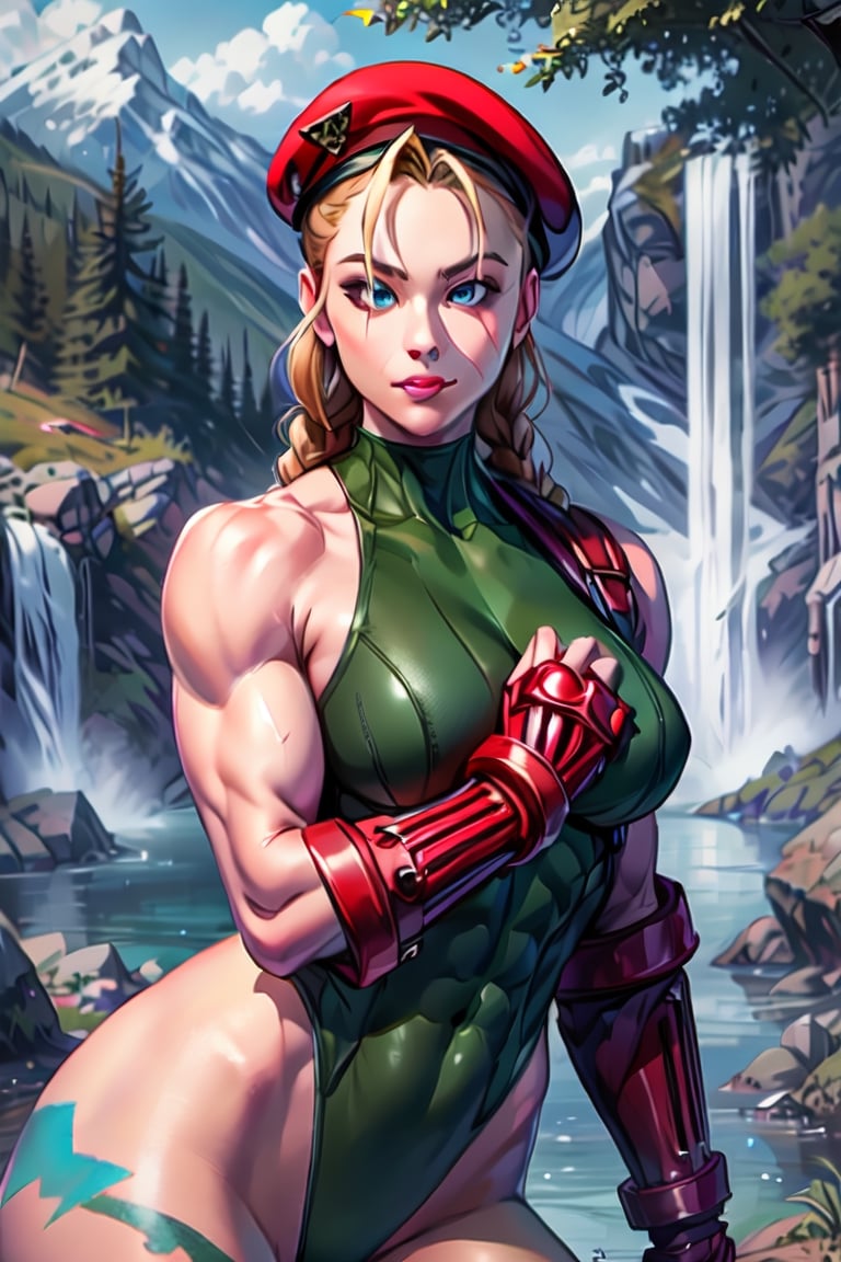 sfr1v, facial portrait, sexy stare, smirked, fighting stance, mountains, birds, trees, waterfall, hodoken,cammy, cammy white,hat,long hair,beret,braid,twin braids,gloves,green leotard,blue eyes,fingerless gloves.scar,highleg leotard,antenna hair,highleg,lips,red gloves,muscular,red headwear,large breasts,camouflage,thick thighs,covered navel,thong leotard,muscular female,abs,scar on face,thigh strap,bare shoulders,bodypaint, sf6,cammy_green_bodysuit_aiwaifu