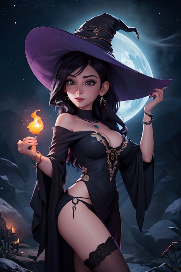 masterpiece, best quality, highres, 1girl, Hermosa mujer sensual, atuendo gótico, vestida con túnica negra con rica decoración, bruja, witch hat, waved hair, Witch gown,jewelry,high heels,cleavage,earrings,bracelet,bare shoulders, magic_wand expresión segura, mirada a la cámara (fondo misterioso mágico, luciérnagas, partículas brillantes, niebla etérea, oscuridad tenue, símbolos mágicos, Hierbas, y velas encendidas), alta saturación, luz de película, luz de borde, mejores sombras, (Lente utilizada: prime 50mm:1.3), (MODELO DE CÁMARA: Fotograma completo Sony Alpha a7R IV:1.3), (Iluminación meticulosamente elaborada que crea un ambiente misterioso:1.2),More ,TinkerWaifu,wendygf,FGO,other mother,violetparr