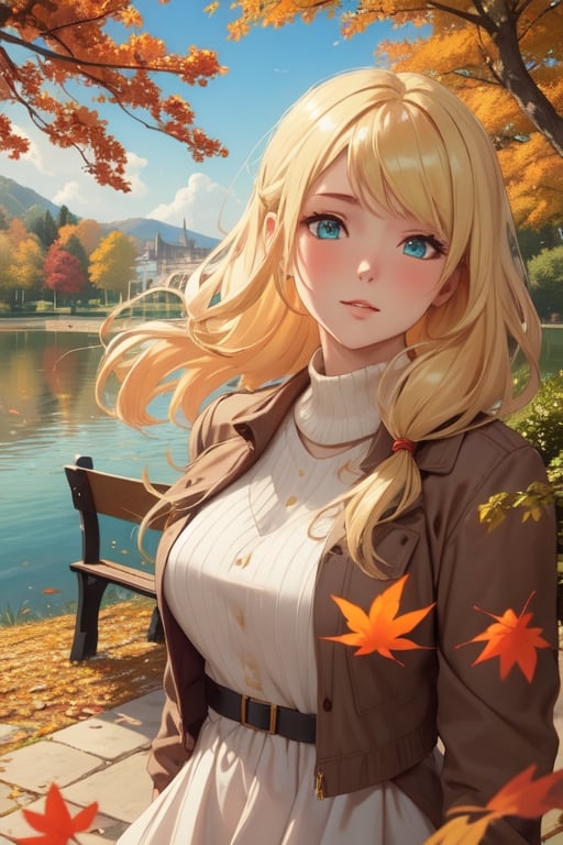 Masterpiece, highest quality, high brightness, 1girl , blonde  hair, long hair, hair ornament, nice dress, cute, masterpiece,, stand next a bench, nice park and lake, autum season, windy, leafs in the ground background,windlift