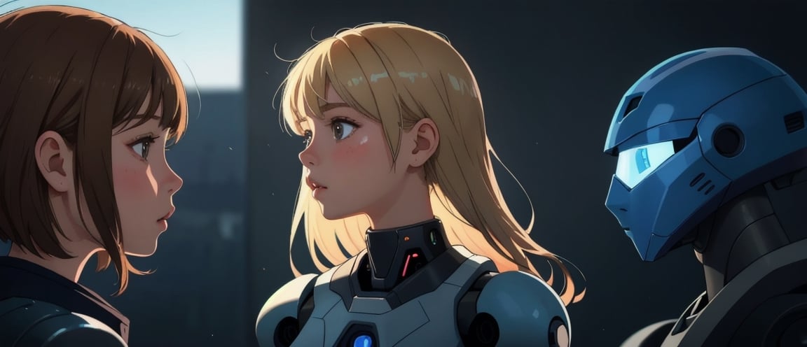 beautiful little girl, blonde, loose hair, 8 years old standing in front of a funny, futuristic looking worn-out robot staring into each other's eyes, profile view, photorealism, photographic look, RAW style, highly detailed, ultra high definition
