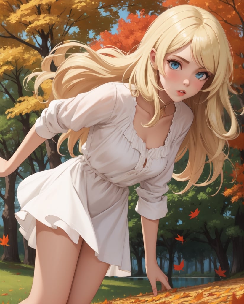 Masterpiece, highest quality, high brightness, 1girl , blonde  hair, long hair, hair ornament, nice dress, cute, masterpiece,, 1girl,solo focus,hetero,1boy,nude,simple background,mature female, deepthroat, nice park and lake, autum season, windy, leafs in the ground background,windlift,facial cum,PRJCUM