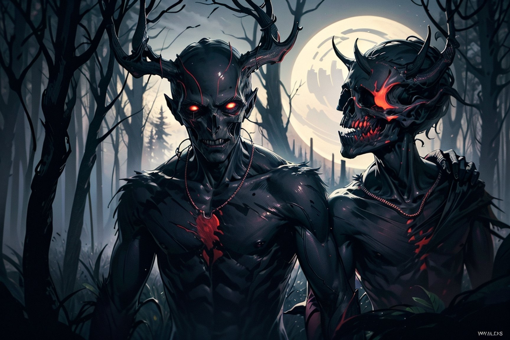 high definition, crisp quality, horror, dark, surreal, Weird, Wendigo, humanoid, extremely foggy, misty, cloudy_sky, night, trees around,monster, moving between the trees, creepy, Graphic novel,xyzabcwalls