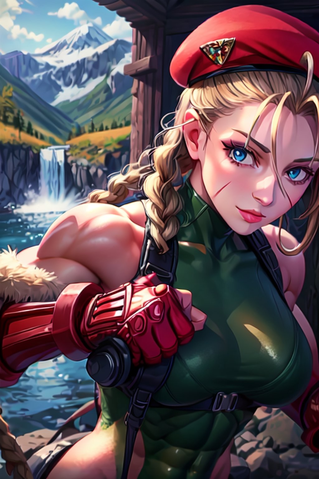 sfr1v, facial portrait, sexy stare, smirked, fighting stance, mountains, birds, trees, waterfall, hodoken,cammy, cammy white,hat,long hair,beret,braid,twin braids,gloves,green leotard,blue eyes,fingerless gloves.scar,highleg leotard,antenna hair,highleg,lips,red gloves,muscular,red headwear,large breasts,camouflage,thick thighs,covered navel,thong leotard,muscular female,abs,scar on face,thigh strap,bare shoulders,bodypaint, sf6,cammy_green_bodysuit_aiwaifu