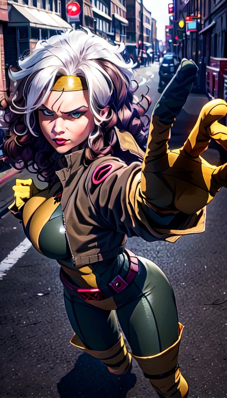 official art,extremely detailed CG unity 8k wallpaper, perfect lighting,Colorful, facial portrait, angry stare, smirked, fighting stance, street city, daytime, wind:1.1, long hair,breasts,brown hair,green eyes,lipstick,makeup,lips,white hair,two-tone hair,headband,wavy hair,large breasts,messy hair,curly hair,big_hair, yellow bodysuit,jacket,gloves,belt,yellow gloves,green bodysuit,bodysuit,multicolored bodysuit,superhero, skin tight,multicolored clothes, CARTOON_X_MENs_Rogue,PepePunchMeme,perfect,hand