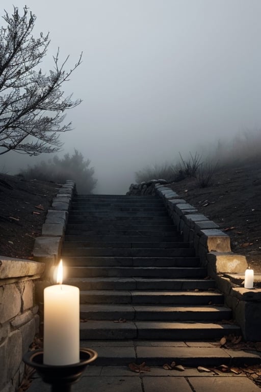 black and white photoreal night shot with lots of fog. Image of a stone staircase with steps slightly lit by candles leading to a gate. Fog, shrubs, leafless branches, gloomy and distressing environment, candlelight
,photorealistic,rfktrfod