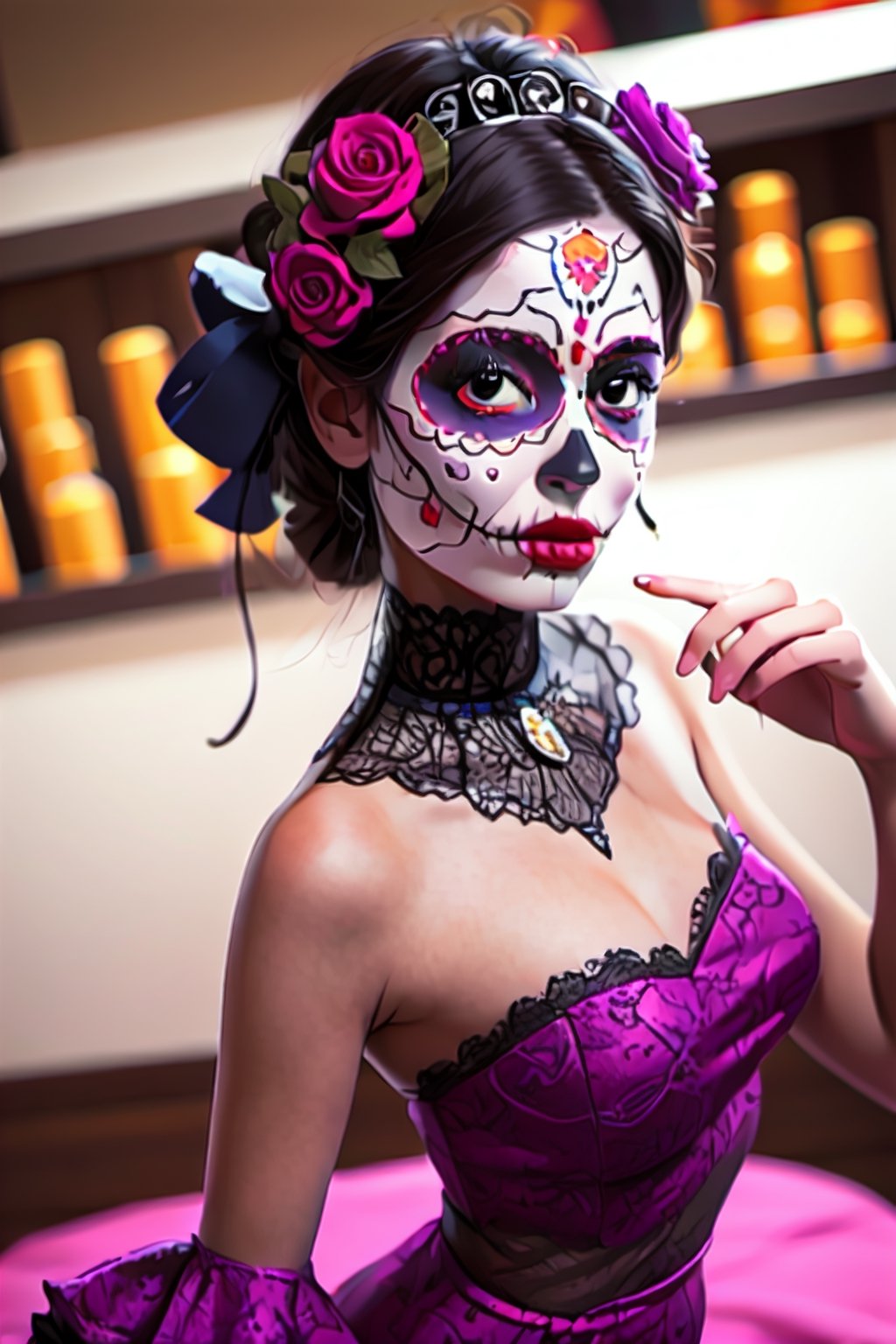 close up shot, La mejor calidad, obra maestra, detalles meticulosos, niña de 12 años vestida de personaje de la Catrina, vestido tradiicional y sombrero de Catrina, fondo Altar de muertos mexicano,gilr