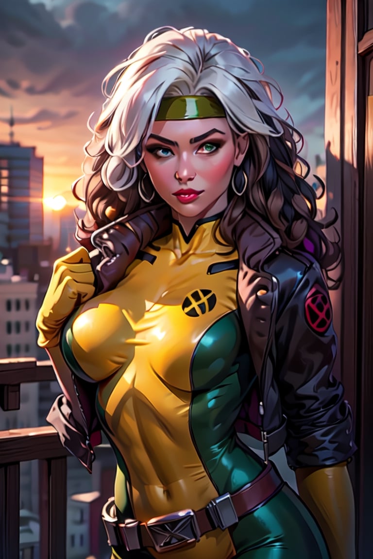 official art,extremely detailed CG unity 8k wallpaper, perfect lighting,Colorful, facial portrait, sexy stare, smirked, fighting stance, top of city, sunset, wind:1.1, long hair,breasts,brown hair,green eyes,lipstick,makeup,lips,white hair,two-tone hair,headband,wavy hair,large breasts,messy hair,curly hair,big_hair, yellow bodysuit,jacket,gloves,belt,yellow gloves,green bodysuit,bodysuit,multicolored bodysuit,superhero, skin tight,multicolored clothes, CARTOON_X_MENs_Rogue