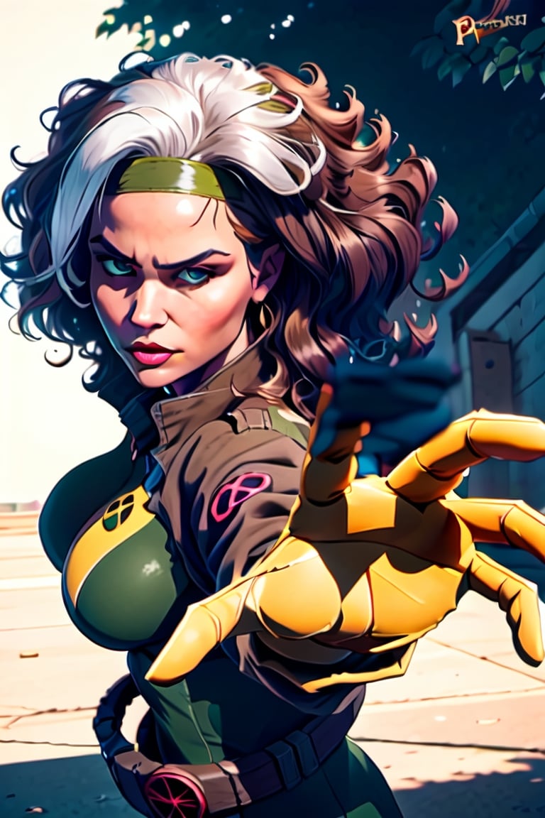 official art,extremely detailed CG unity 8k wallpaper, perfect lighting,Colorful, facial portrait, angry stare, smirked, fighting stance, street city, daytime, wind:1.1, long hair,breasts,brown hair,green eyes,lipstick,makeup,lips,white hair,two-tone hair,headband,wavy hair,large breasts,messy hair,curly hair,big_hair, yellow bodysuit,jacket,gloves,belt,yellow gloves,green bodysuit,bodysuit,multicolored bodysuit,superhero, skin tight,multicolored clothes, CARTOON_X_MENs_Rogue,PepePunchMeme,perfect,hand