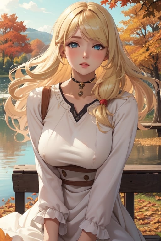 nsfw, Masterpiece, highest quality, high brightness, 1girl , blonde  hair, long hair, hair ornament, nice dress, cute, masterpiece,, stand next a bench, nice park and lake, autum season, windy, leafs in the ground background,windlift