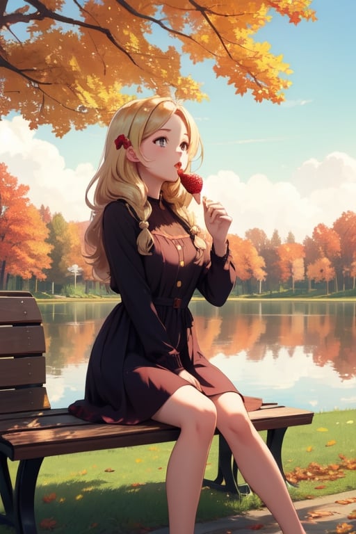 Masterpiece, highest quality, high brightness, 1girl , blonde  hair, long hair, hair ornament, nice dress, cute, masterpiece, eating strawberry shortcake, sitting, bench, nice park and lake, autum season, windy, leafs in the ground background