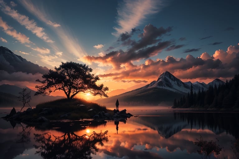 pic of a magnificent sunset over a mountainous landscape, where the high peaks are bathed in a golden light and the sky is painted with soft shades of orange and pink. The clouds extend in dramatic shapes, criando uma cena deslumbrante e serena. No primeiro plano, There is a tranquil lake reflecting the beauty of the sky, while silhouetted trees add a touch of mystery to the landscape. The balanced composition and vastness of nature captured in a convey a sense of calm and wonder at the grandeur of the natural setting. 