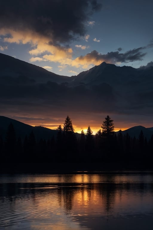 pic of a magnificent sunset over a mountainous landscape, where the high peaks are bathed in a golden light and the sky is painted with soft shades of orange and pink. The clouds extend in dramatic shapes, criando uma cena deslumbrante e serena. No primeiro plano, There is a tranquil lake reflecting the beauty of the sky, while silhouetted trees add a touch of mystery to the landscape. The balanced composition and vastness of nature captured in a convey a sense of calm and wonder at the grandeur of the natural setting. ,prushka