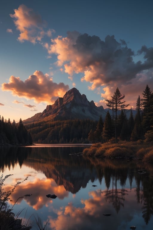 pic of a magnificent sunset over a mountainous landscape, where the high peaks are bathed in a golden light and the sky is painted with soft shades of orange and pink. The clouds extend in dramatic shapes, criando uma cena deslumbrante e serena. No primeiro plano, There is a tranquil lake reflecting the beauty of the sky, while silhouetted trees add a touch of mystery to the landscape. The balanced composition and vastness of nature captured in a convey a sense of calm and wonder at the grandeur of the natural setting. ,prushka