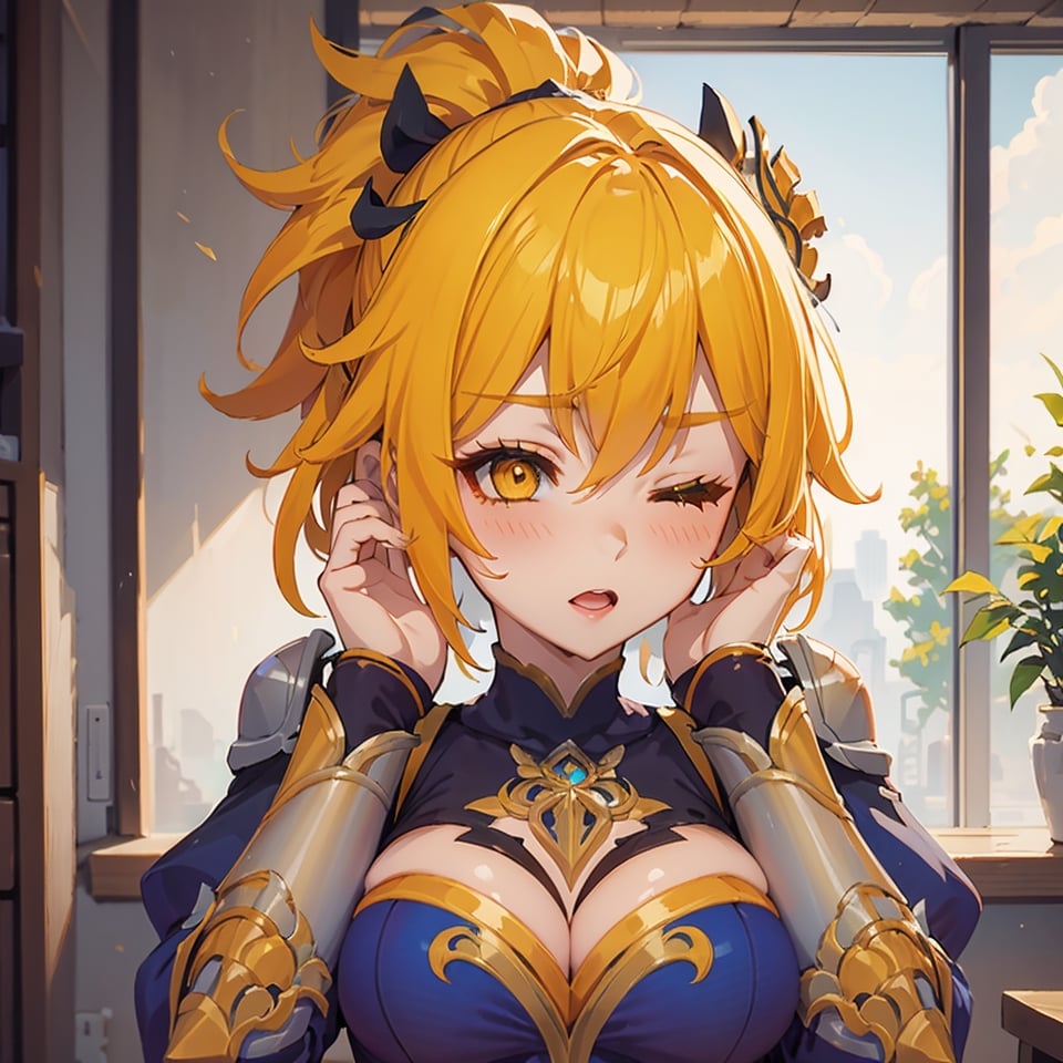 beautiful girl yellow hair, orange eyes, short hair, ponytail, upper body, hair ornament, white shirt, indoors, shy then, genshin chibi emote, 1 girl, clothes, high Fanny Detail, blushing cheeks, hand on face , one eye closed, mouth open, shocked