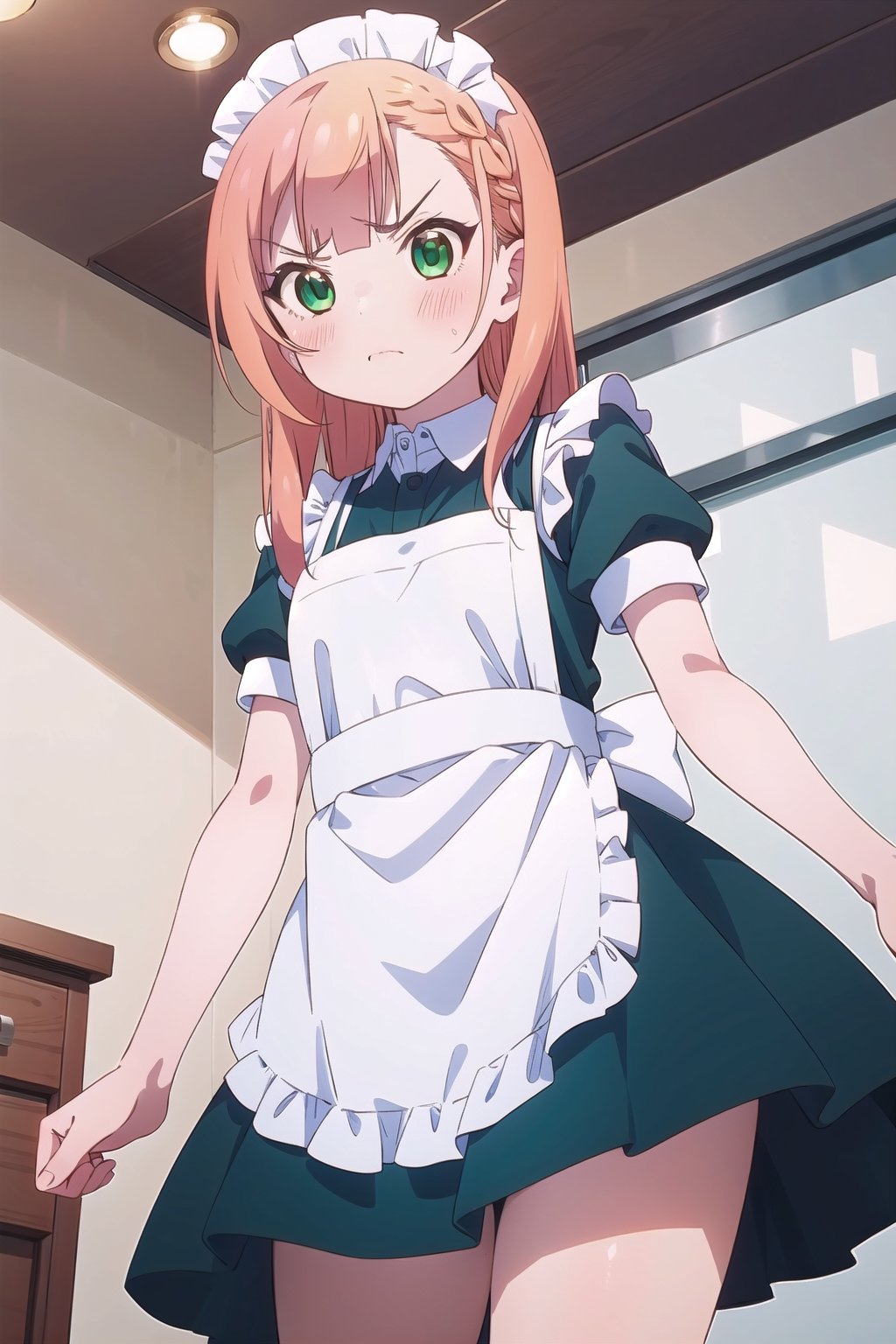 masterpiece, natsukawa aika, 1 girl, medium orange hair, green eyes, flushed cheeks, maid outfit, angry face, indoors,V, from below