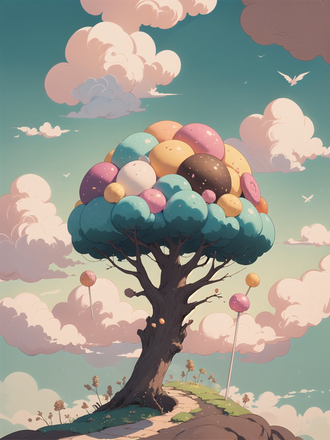 (masterpiece, best quality: 1.2), 8k, best quality, candy world, cookies, honey, dress made of candy, jello, above the clouds, sky, cheerful, expressive, dynamic landscape, twisted tree in the clouds, lollipops, landscape , highly detailed, beautiful, personification, deep depth of field, adorable, cute, (gradient), sweet, shiny, delicious, blooming, volumetric lighting, (fantasy), delicate, highly detailed, retro art style, rha30, Circle, medium traditional