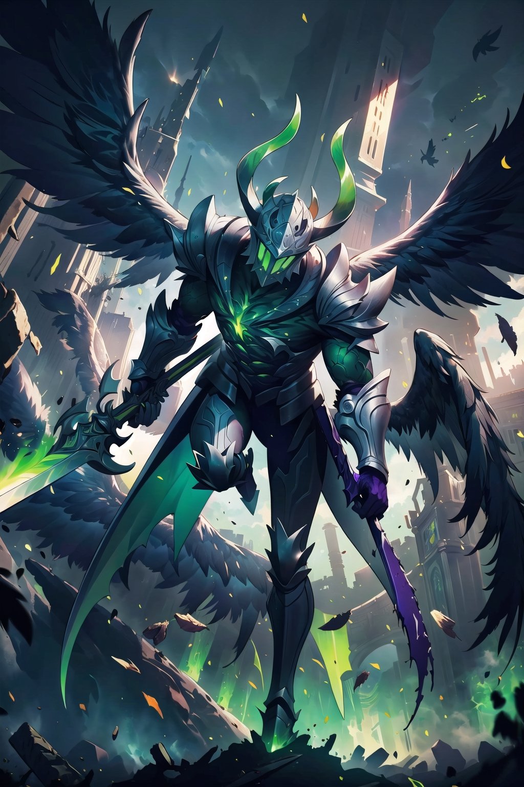 dark knight, armor, iron clothing, green chest, green horned and glowing helmet, iron arm holding a dark war sword, green, black wings, iron legs, flying, atmosphere of destruction, action,Argus_ML,swordup,fantasy00d