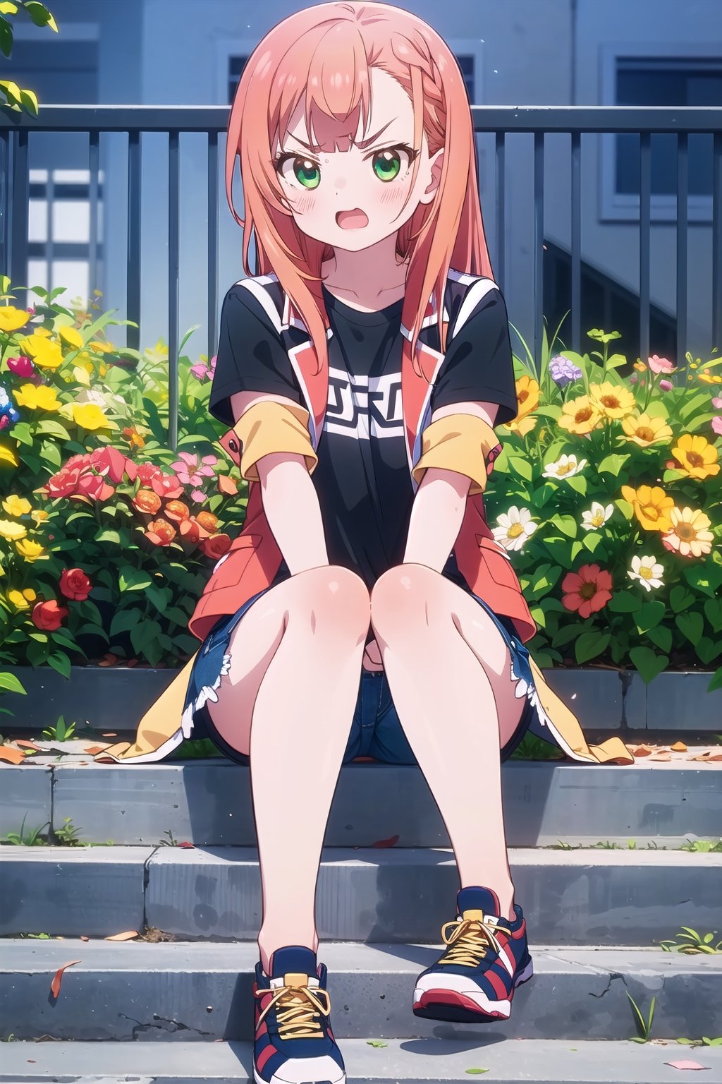 masterpiece, natsukawa aika, 1 girl, medium orange hair, green eyes, flushed cheeks, angry eyebrows, open mouth, black t-shirt, short red jacket, jeans, shoes, sitting on steps full of flowers, fence, windy, hair tie, in the afternoon