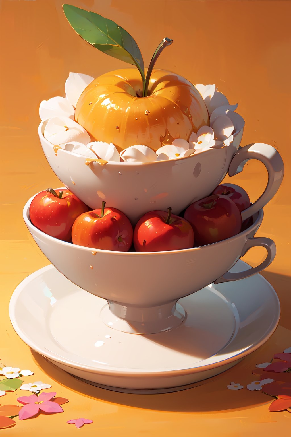 Apple, fruits on plate, cup, detail, floral orange background, no people,ISO_SHOP