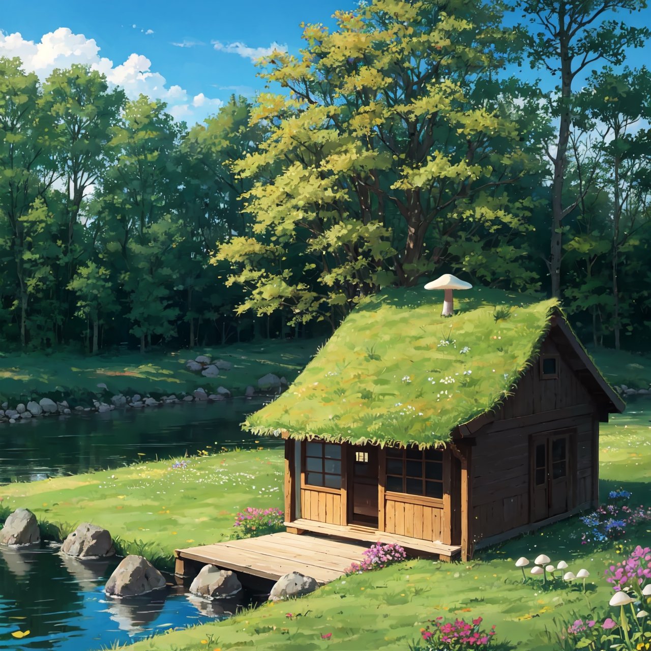 lake around forest with stone trees mushrooms grass flowers, mini house, very small,