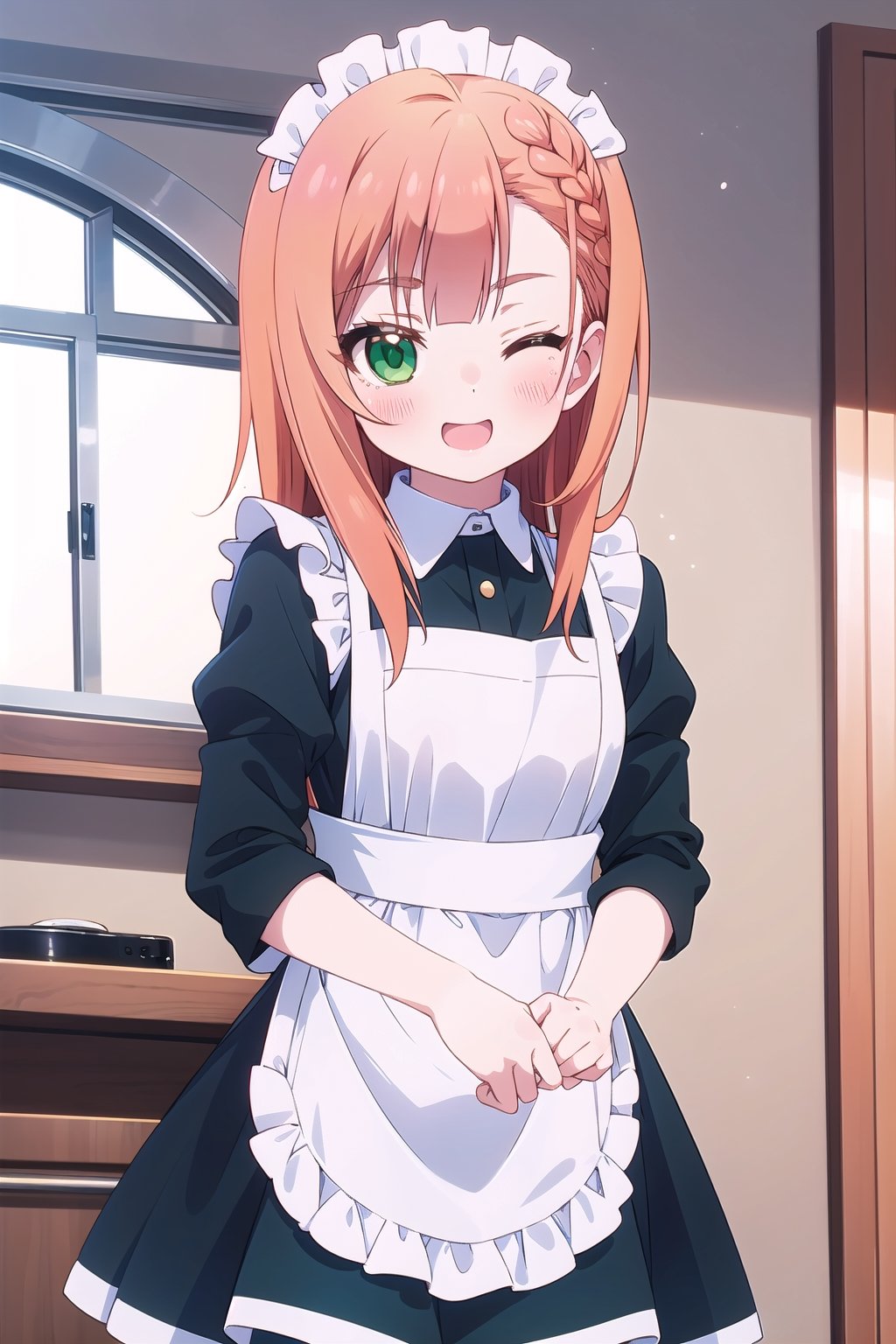 masterpiece, natsukawa aika, 1 girl, medium orange hair, green eyes, flushed cheeks, maid outfit, happy, one eye closed, indoors, window, wall decoration