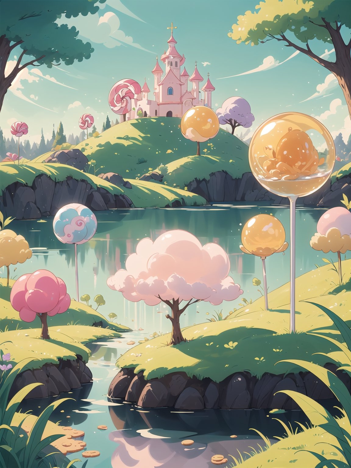 (masterpiece, best quality: 1.2), 8k, best quality, candy world, cookies, honey, dress made of candy, jello, plants, sky, cheerful, expressive, dynamic scenery, crooked trees, lollipops, around the lake, cankir , landscape, highly detailed, beautiful, personification, deep depth of field, adorable, cute, (gradient), sweet, shiny, delicious, blooming, volumetric lighting, (fantasy), delicate, highly detailed, retro art style, rha30, Circle , traditional media