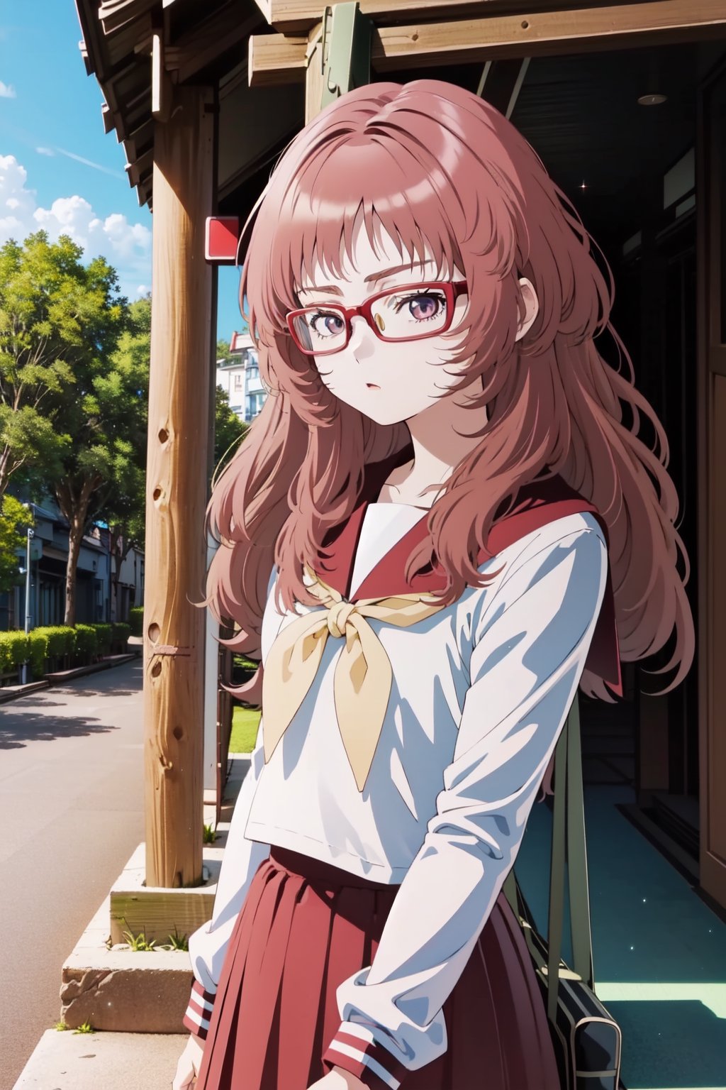 1girl, (masterpiece:1.3), (high resolution), (8K), (extremely detailed), (4k), (pixiv), perfect face, nice eyes and face, (best quality), (super detailed), detailed face and eyes, (solo), (textured skin:1.3), , wasureta style, mie, glasses, long hair, serafuku, sailor collar, yellow neckerchief, white shirt, purple eyes, school uniform, red skirt, red hair, torii, blue archive, japanese architecture, light particles,statue, stone lantern, temple, torii, long staircases, day, blue sky, walking, (wind:1.2),wasureta style