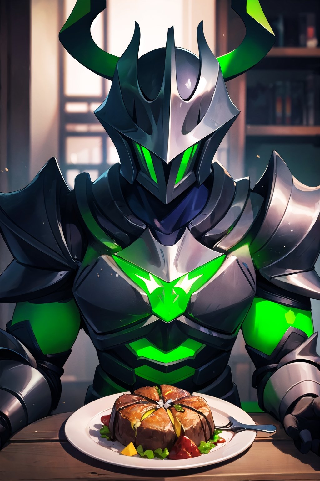 dark knight, armor, iron clothes, iron body, green horned and glowing helmet, iron arms, sitting, table eating, food, from the front, upper body,