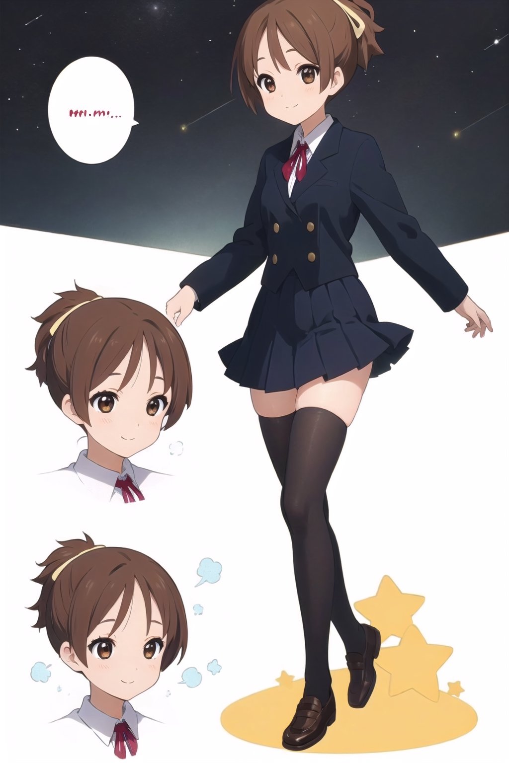 conceptual design, white background, 1girl, brown hair, short ponytail, small waist, school uniform, white shirt, medium skirt, black leg stockings, full body, smiling, speech bubble, stars, brown eyes.,