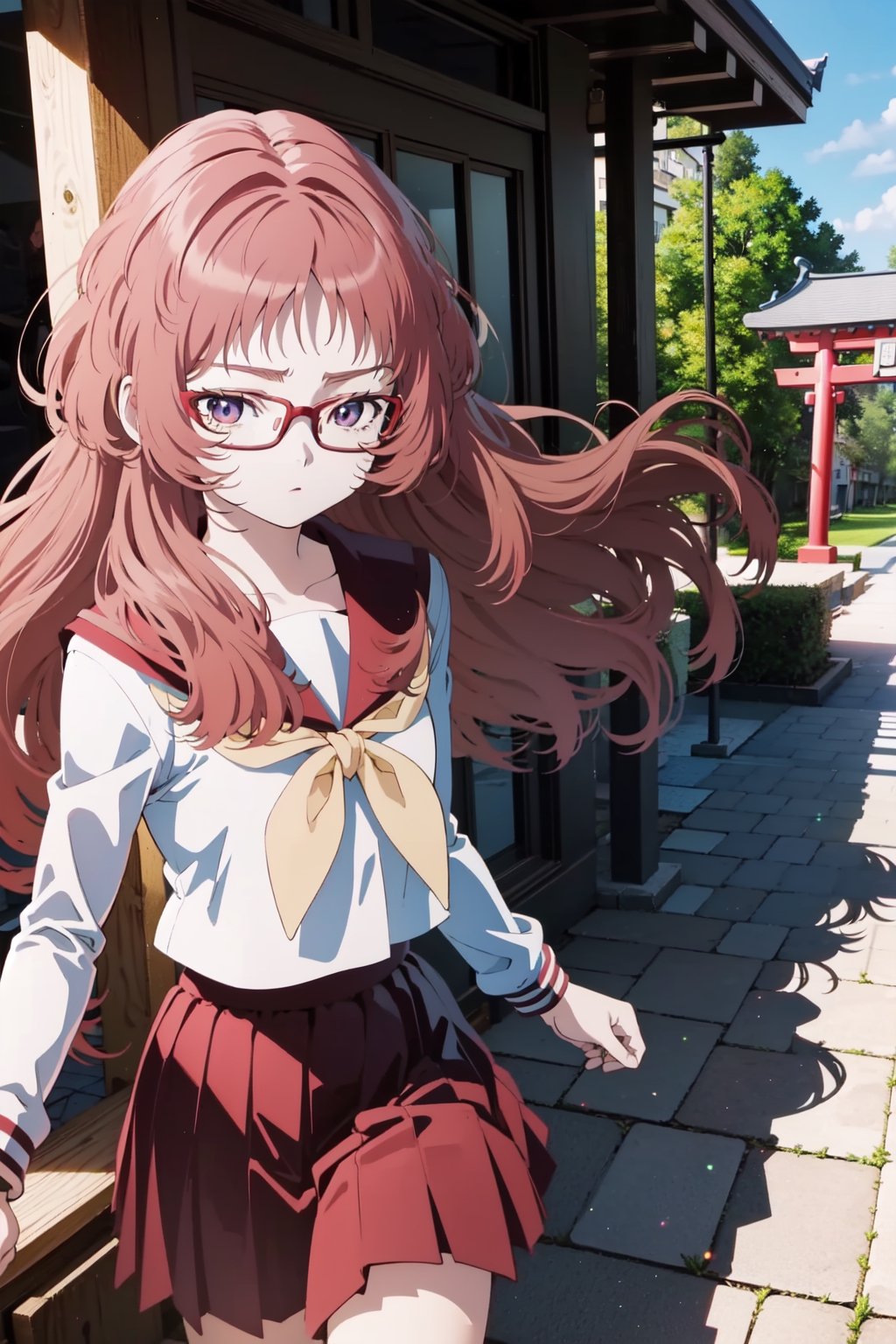 1girl, (masterpiece:1.3), (high resolution), (8K), (extremely detailed), (4k), (pixiv), perfect face, nice eyes and face, (best quality), (super detailed), detailed face and eyes, (solo), (textured skin:1.3), , wasureta style, mie, glasses, long hair, serafuku, sailor collar, yellow neckerchief, white shirt, purple eyes, school uniform, red skirt, red hair, torii, blue archive, japanese architecture, light particles,statue, stone lantern, temple, torii, long staircases, day, blue sky, walking, (wind:1.2),wasureta style