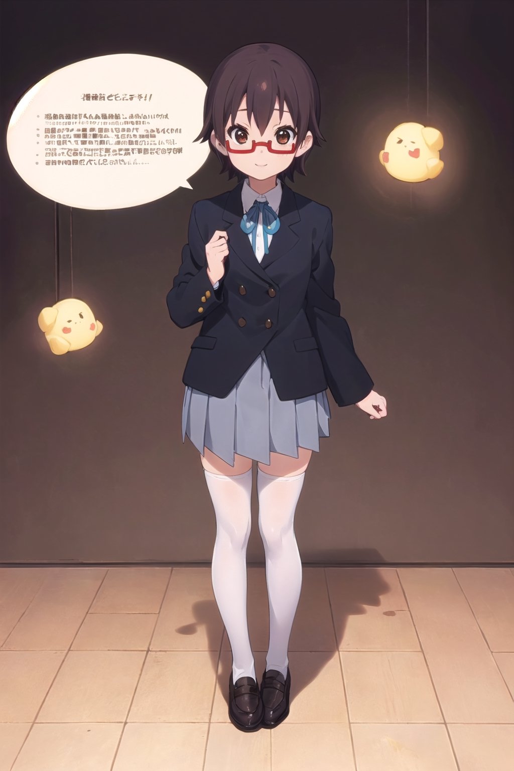 conceptual design,  basic_background, 1girl, brown hair, short hair, small waist, school uniform, black jacket, white shirt, medium skirt, black stockings, smiling, full body, speech bubble, stars, red glasses, brown eyes. ,nodoka manabe