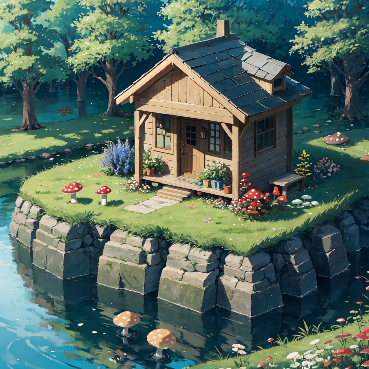 lake around forest with stone trees mushrooms grass flowers, mini house, very small,