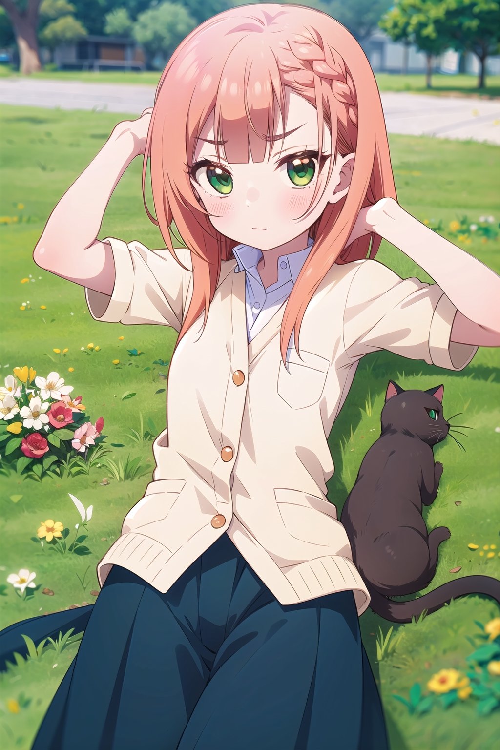 masterpiece, natsukawa aika, 1 girl, medium orange hair, green eyes, jealous face, flushed cheeks, nonchalant attitude, hands behind head, lying on the grass, river bank, tree, decorations in hair, flowers, cats,