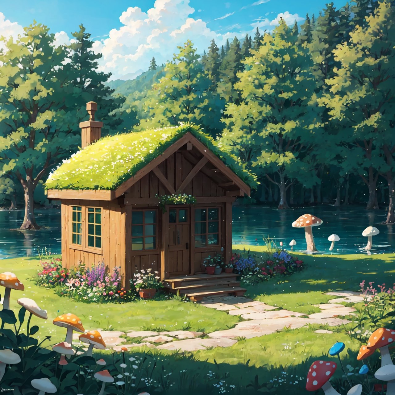 lake around forest with stone trees mushrooms grass flowers, mini house, very small,