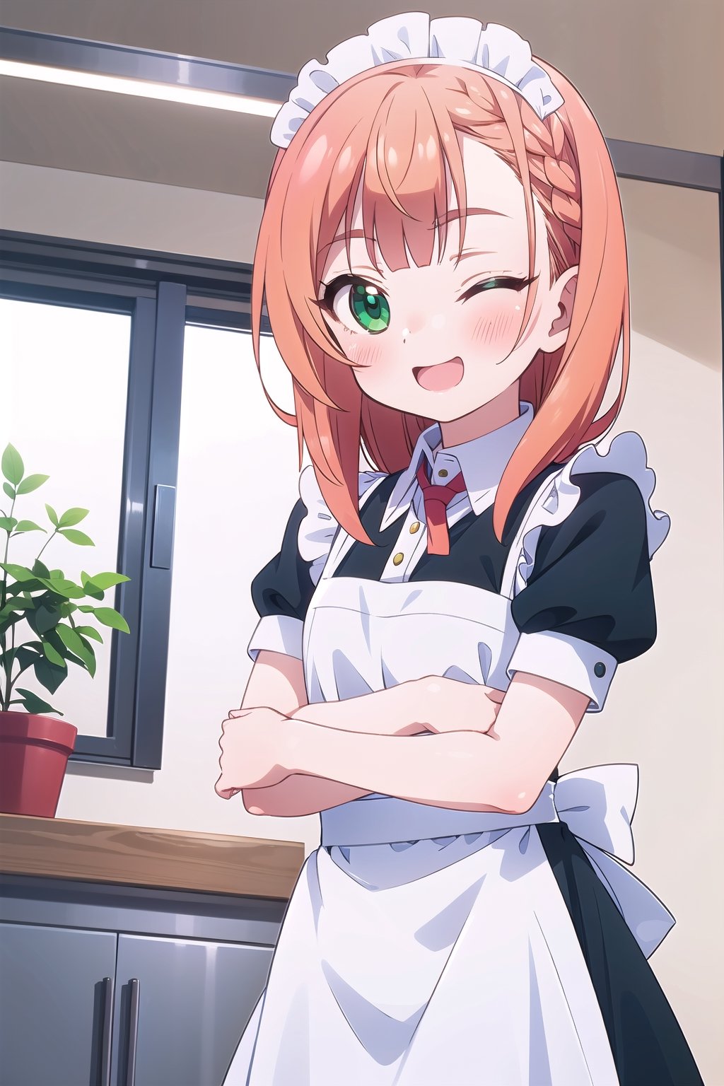 masterpiece, natsukawa aika, 1 girl, medium orange hair, green eyes, flushed cheeks, maid outfit, happy, one eye closed, indoors, window, wall decoration