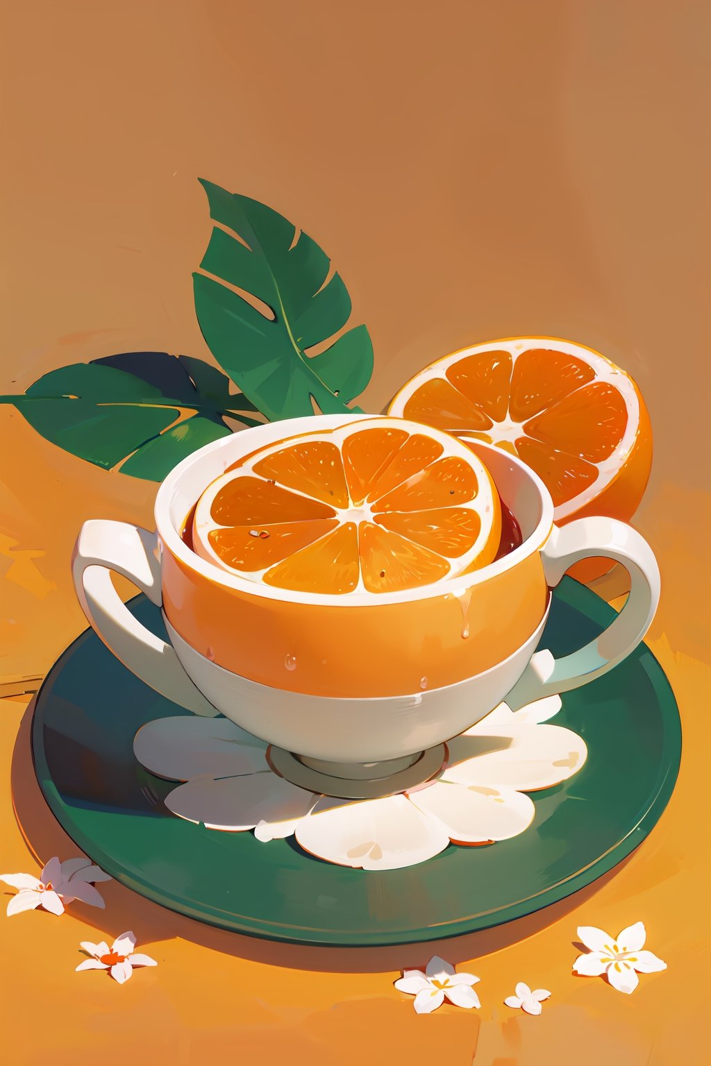 fruits on plate, cup, detail, floral orange background, no people,ISO_SHOP