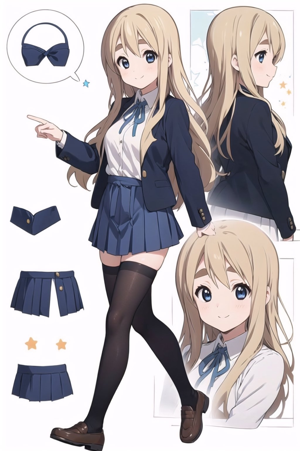 conceptual design, white background, 1girl, blonde hair, long hair, small waist, dark blue jacket, school uniform, white shirt, medium skirt, black leg stockings, full body, smiling, speech bubble, stars, eyes black.,tsumugi kotobuki,midjourney