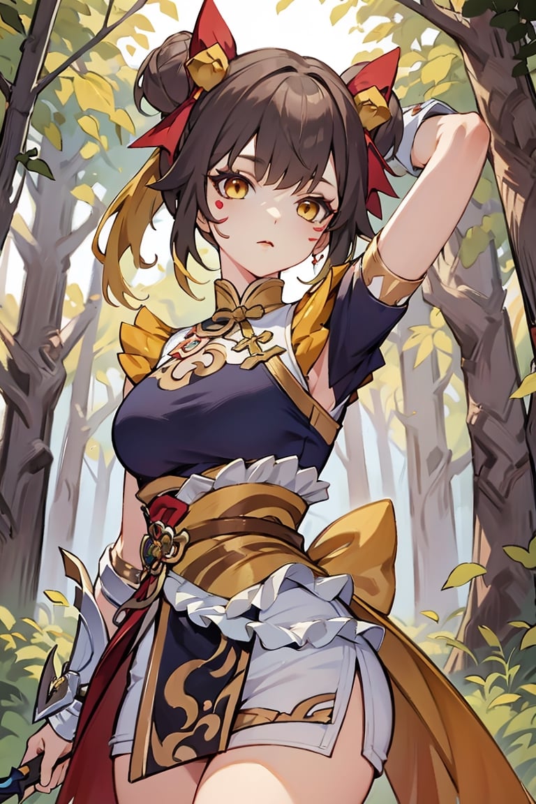 beautiful girl black hair perfect breasts extreme short hair, paint on face, hair ribbon, yellow eyes, yellow hair, holding a spear, forest, trees,genshin chibi emote,1 girl