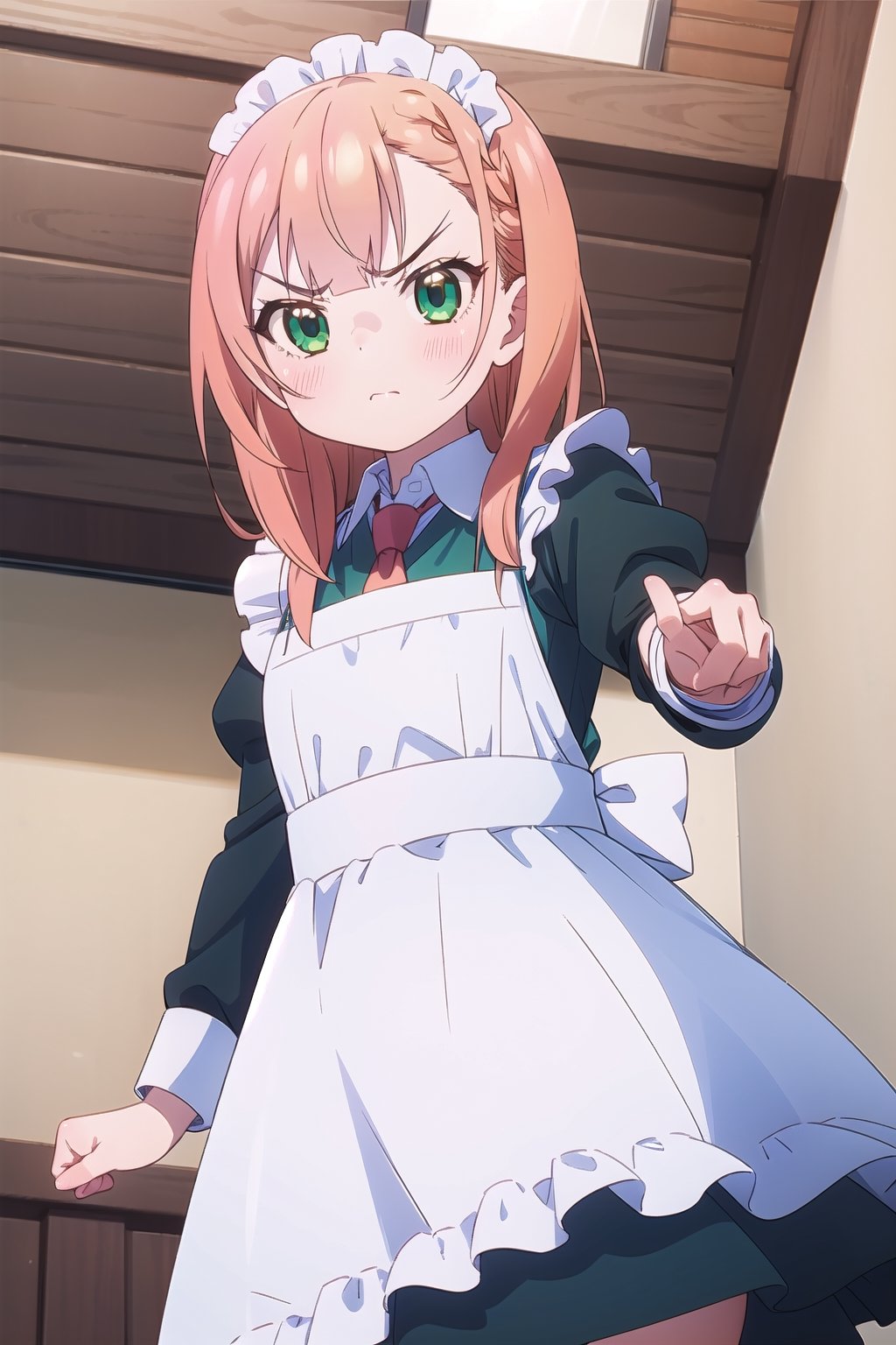 masterpiece, natsukawa aika, 1 girl, medium orange hair, green eyes, flushed cheeks, maid outfit, angry face, indoors,V, from below